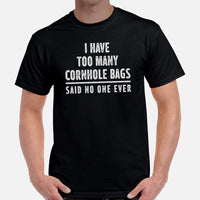 Cornhole T-Shirt - Corn Hole Bags & Board, Bean Bag Toss, Outdoor Yard & Backyard Party Games Gift - I Have Too Many Cornhole Bags Tee - Black, Men