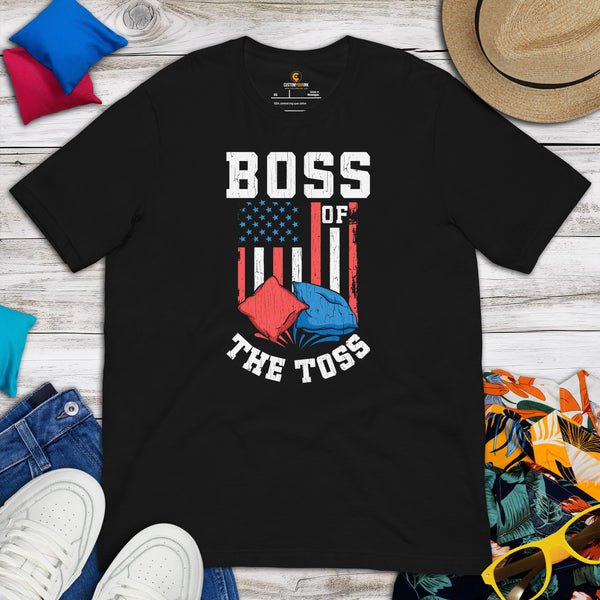 Cornhole T-Shirt - Corn Hole Bags & Board, Bean Bag Toss, Outdoor Yard & Backyard Party Games Gift & Outfit - Boss Of The Toss Tee - Black