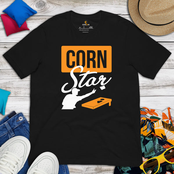 Cornhole T-Shirt - Corn Hole Bags & Board, Bean Bag Toss, Outdoor Yard & Backyard Party Games Gift & Outfit - Funny Corn Star Tee - Black