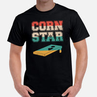 Cornhole T-Shirt - Corn Hole Bags & Board, Bean Bag Toss, Outdoor Yard & Backyard Party Games Gift & Outfit - Retro Corn Star Tee - Black, Men