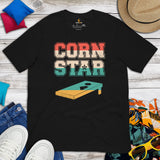 Cornhole T-Shirt - Corn Hole Bags & Board, Bean Bag Toss, Outdoor Yard & Backyard Party Games Gift & Outfit - Retro Corn Star Tee - Black