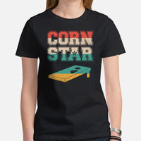 Cornhole T-Shirt - Corn Hole Bags & Board, Bean Bag Toss, Outdoor Yard & Backyard Party Games Gift & Outfit - Retro Corn Star Tee - Black, Women