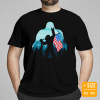 4th of July Patriotic Shirt - Bigfoot Sasquatch US Flag T-Shirt - Camping & Hiking Shirt - Presents, Gift Ideas for Happy Campers & Hikers - Black, Large Size for Overweight