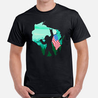 Cryptid Legends, Sasquatch, Yeti Patriotic Shirt for Outdoor Enthusiasts - 4th of July Wisconsin Map Tee - Bigfoot American Flag Shirt - Black, Men