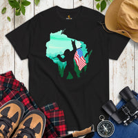 Cryptid Legends, Sasquatch, Yeti Patriotic Shirt for Outdoor Enthusiasts - 4th of July Wisconsin Map Tee - Bigfoot American Flag Shirt - Black