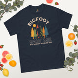 Cryptid Legends: Sasquatch, Yeti Squatchy Tee for Camping & Outdoor Enthusiasts - Vintage Bigfoot Saw Me But Nobody Believes Him Shirt - Navy