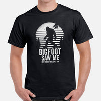 Cryptid Legends: Sasquatch, Yeti Tee - Camping & Squatchy Wilderness Adventure T-Shirt - Bigfoot Saw Me But Nobody Believes Him T-Shirt - Black