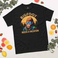 Camping & Hiking Shirt - Presents, Gift Ideas for Campers & Hikers - Bigfoot Sasquatch Tee Shirt - Funny Bigfoot Needs A Vacation T-Shirt - Black