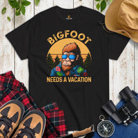 Camping & Hiking Shirt - Presents, Gift Ideas for Campers & Hikers - Bigfoot Sasquatch Tee Shirt - Funny Bigfoot Needs A Vacation T-Shirt - Black