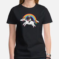 Cute Ferret Riding Unicorn Rainbow T-Shirt - Fuzzy Weasel Tee - Gift for Ferret Parents & Animal Lovers - Mustela Rescue & Adoption Tee - Black, Women