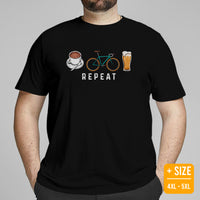 Cycling Gear - Bike Clothes - Biking Attire, Outfit - Gifts for Cyclists, Coffee & Beer Lovers - Funny Coffee Cycling Beer Repeat Tee - Black, Plus Size