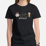 Cycling Gear - Bike Clothes - Biking Attire, Outfit - Gifts for Cyclists, Coffee & Beer Lovers - Funny Coffee Cycling Beer Repeat Tee - Black, Women