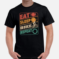 Cycling Gear - Bike Clothes - Biking Attire, Outfits - Gifts for Cyclists, Bicycle Enthusiasts - 80s Retro Eat Sleep Bike Repeat Tee - Black, Men