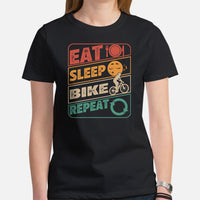 Cycling Gear - Bike Clothes - Biking Attire, Outfits - Gifts for Cyclists, Bicycle Enthusiasts - 80s Retro Eat Sleep Bike Repeat Tee - Black, Women