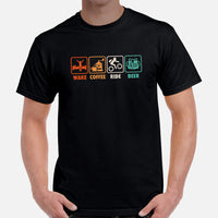 Cycling Gear - MTB Clothing - Mountain Bike Outfits, Attire - Gifts for Cyclists, Bicycle Enthusiasts - Funny Wake Coffee Ride Beer Tee - Black, Men