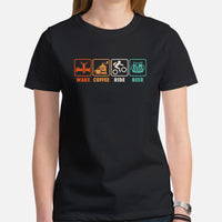 Cycling Gear - MTB Clothing - Mountain Bike Outfits, Attire - Gifts for Cyclists, Bicycle Enthusiasts - Funny Wake Coffee Ride Beer Tee - Black, Women