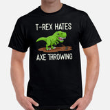 Dinosaur Lumberjack Shirt - Gifts for Loggers, Carpenters, Axe Throwers - Logging Outfit, Clothes - Funny T-Rex Hates Axe Throwing Tee - Black, Men