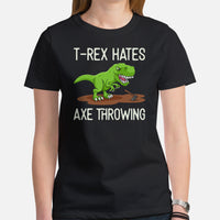 Dinosaur Lumberjack Shirt - Gifts for Loggers, Carpenters, Axe Throwers - Logging Outfit, Clothes - Funny T-Rex Hates Axe Throwing Tee - Black, Women