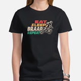 Dirt Motorcycle Gear - Dirt Bike Riding Attire, Clothes - Gifts for Motorbike Riders - Biker Outfits - Retro Eat Sleep Braap Repeat Tee - Black, Women