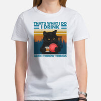 Disk Golf Shirt - Frisbee Golf Attire & Apparrel - Gift Ideas for Disc Golfer, Wine & Cat Lover - Funny I Drink And I Throw Things Tee - White, Women