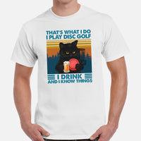 Disk Golf Shirt - Frisbee Golf Attire - Gift Ideas for Disc Golfer, Cat & Beer Lover - Funny I Play Disc Golf I Drink & Know Things Tee - White, Men