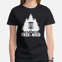 Disk Golf T-Shirt - Frisbee Golf Attire & Apparel - Gift Ideas for Him & Her, Disc Golfers - Funny Tree-Nied Pine Forest Themed Tee - Black, Women