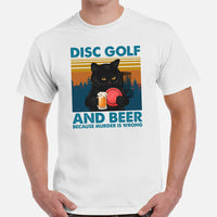 Disk Golf T-Shirt - Frisbee Golf Attire - Gift Ideas for Disc Golfers & Cat Lovers - Funny Disc Golf & Beer Because Murder Is Wrong Tee - White, Men