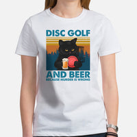 Disk Golf T-Shirt - Frisbee Golf Attire - Gift Ideas for Disc Golfers & Cat Lovers - Funny Disc Golf & Beer Because Murder Is Wrong Tee - White, Women