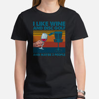 Disk Golf T-Shirt - Ultimate & Frisbee Golf Apparel & Attire - Gift Ideas for Disc Golfers & Wine Lovers - I Like Wine & Disc Golf Tee - Black, Women