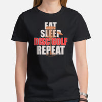 Disk Golf Shirt - Gift for Disc Golfer - Disc Golf Apparel & Attire - Disc Golf Shirt - Disk Golf Gifts - Eat Sleep Disc Golf Repeat Shirt - Black, Women