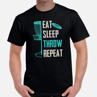 Disk Golf T-Shirt - Ultimate & Frisbee Golf Attire & Apparel - Gift Ideas for Disc Golfers - Vintage Eat Sleep Throw Repeat T-Shirt - Black, Men