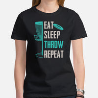 Disk Golf T-Shirt - Ultimate & Frisbee Golf Attire & Apparel - Gift Ideas for Disc Golfers - Vintage Eat Sleep Throw Repeat T-Shirt - Black, Women