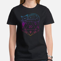 DnD & RPG Games Artistic T-Shirt - Gaming Gift Ideas for Him & Her, Typical Gamers & Cat Lovers - Celestial Cat & DnD Dice Shirt - Black, Women