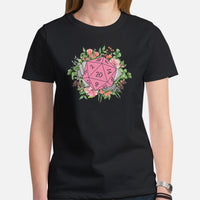 DnD & RPG Games T-Shirt - Gaming Gift Idea for Her, Typical Gamers & Game Lovers - Artistic Floral D&D Dice Cottagecore Aesthetic Shirt - Black, Women