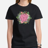 DnD & RPG Games T-Shirt - Gaming Gift Idea for Her, Typical Gamers & Game Lovers - Artistic Floral D&D Dice Cottagecore Aesthetic Shirt - Black, Women
