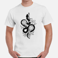 DnD & RPG Games T-Shirt - Gaming Gift Ideas for Him & Her, Typical Gamers & Game Lovers - Artistic Rogue Snake & DnD Dice Shirt - White, Men