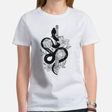 DnD & RPG Games T-Shirt - Gaming Gift Ideas for Him & Her, Typical Gamers & Game Lovers - Artistic Rogue Snake & DnD Dice Shirt - White, Women