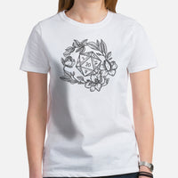 DnD & RPG Games T-Shirt - Xmas Gaming Gift Ideas for Her, Typical Gamers & Game Lovers - Floral D&D Dice Cottagecore Aesthetic Shirt - White, Women