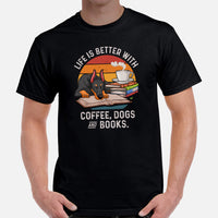 Doberman Dog Themed Clothes - Gifts for Dog Lovers - Canine Tee Shirts For Humans - Life Is Better With Dogs, Books And Coffee T-Shirt - Black, Men