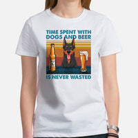 Doberman Dog Themed Clothes - Gifts for Dog Lovers - Canine Tee Shirts For Humans - Time Spent With Dogs & Beer Is Never Wasted T-Shirt - White, Women