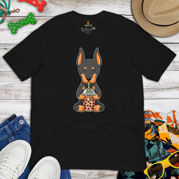 Doberman Dog Themed Clothes - Gifts for Dog Lovers - Funny Canine Tee Shirts For Humans - Cute Puppy Enjoying A Bubble Tea Cup T-Shirt - Black