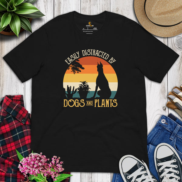 Doberman Dog Themed Clothes - Gifts for Dog Lovers - Funny Canine Tee Shirts For Humans - Easily Distracted By Dogs & Plants T-Shirt - Black