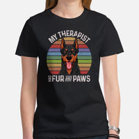 Doberman Dog Themed Clothes - Gifts for Dog Moms, Dads & Lovers - Canine Tee Shirts For Humans - My Therapist Has Fur And Paws T-Shirt - Black, Women