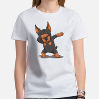 Doberman Dog Themed Clothes - Gifts for Dog Moms, Dads & Lovers - Funny Canine Tee Shirts For Humans - Cute Puppy Dabbing T-Shirt - White, Women