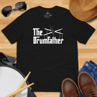 Drum Kit Set T-Shirt - Music Band Concert Tee Shirts - Drumming Gifts, Presents for Drummers & Musicians - Vintage The Drumfather Tee - Black
