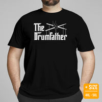 Drum Kit Set T-Shirt - Music Band Concert Tee Shirts - Drumming Gifts, Presents for Drummers & Musicians - Vintage The Drumfather Tee - Black, Plus Size