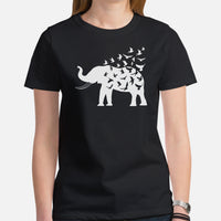 Camping & Bird Watching Shirt - Presents, Gift Ideas for Bird & Nature Lovers, Birdwatchers - Birding Shirt - Elephant Free Birds T-Shirt - Black, Women