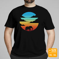 Elephant Retro Sunset Aesthetic T-Shirt - Mammoth, Mastodon, Elephas Vaporwave Tee - Gift for Elephant & Animal Lovers - Zoology Shirt - Black, Plus Size