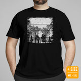 Camping & Hiking Shirt - Presents, Gift Ideas for Campers, Hikers, Nature Lovers - Happy & Happier Camper Tee Shirt - Forest Skyline Shirt - Black, Large Size for Overweight