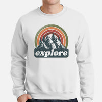 Explore Boho Retro Aesthetic Groovy Sweatshirt - Hikecore Granola Mountain Themed Pullover for Wanderlust, Outdoorsy Camper & Hiker - White, Men